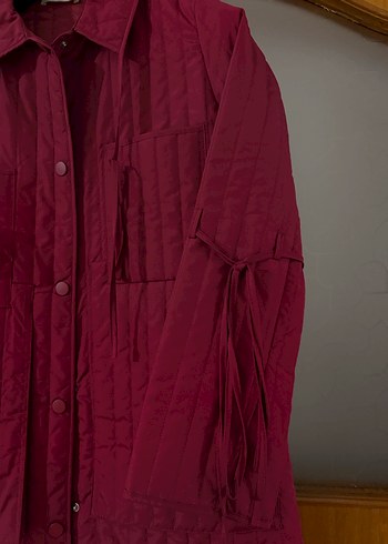 Bordo Düğmeli Uzun Kadın Mont - Görsel 3