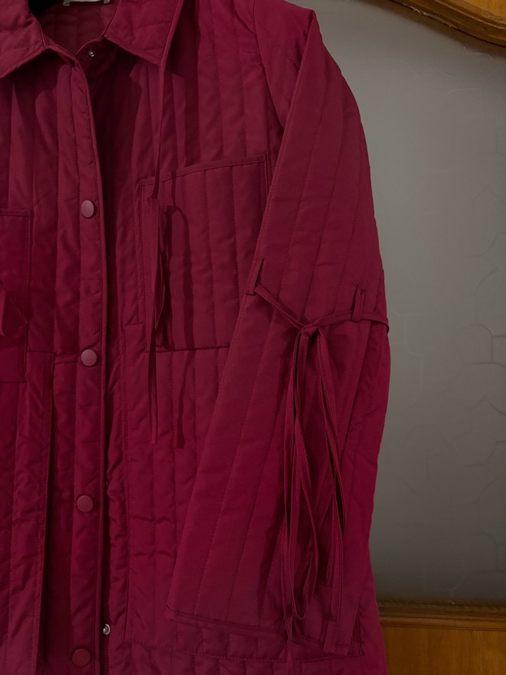 Bordo Düğmeli Uzun Kadın Mont - Görsel 3