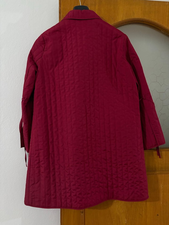 Bordo Düğmeli Uzun Kadın Mont - Görsel 2