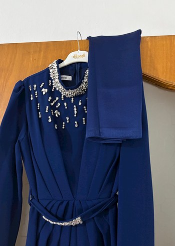 Uzun Kollu Lacivert Abiye + Şal - Görsel 2