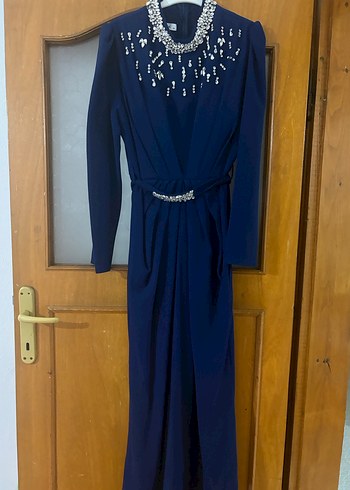 Uzun Kollu Lacivert Abiye + Şal - Görsel 3