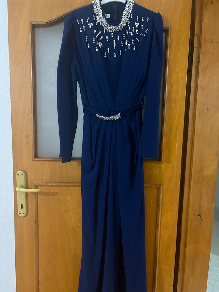 Uzun Kollu Lacivert Abiye + Şal - Görsel 3