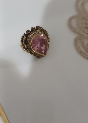 Pembe Taşlı GÜMÜŞ Vintage Kadın Yüzük - Görsel 4