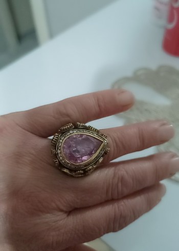 Pembe Taşlı GÜMÜŞ Vintage Kadın Yüzük - Görsel 3