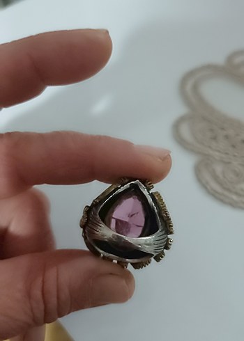 Pembe Taşlı GÜMÜŞ Vintage Kadın Yüzük - Görsel 5