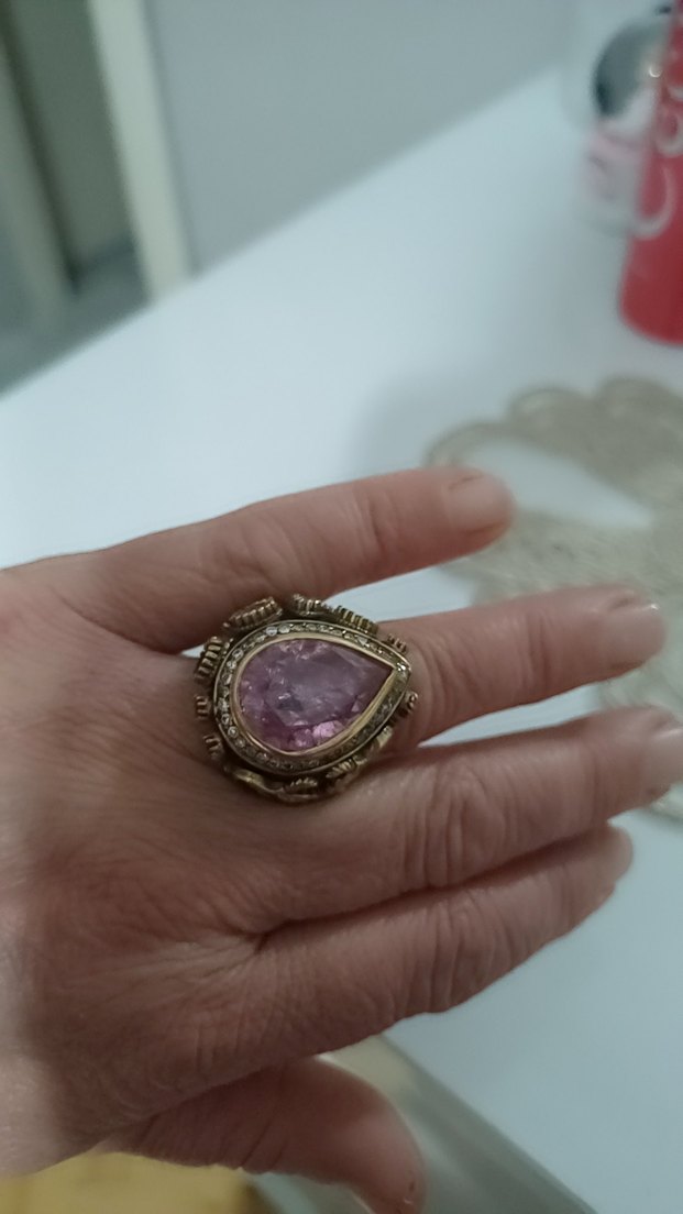 Pembe Taşlı GÜMÜŞ Vintage Kadın Yüzük - Görsel 3