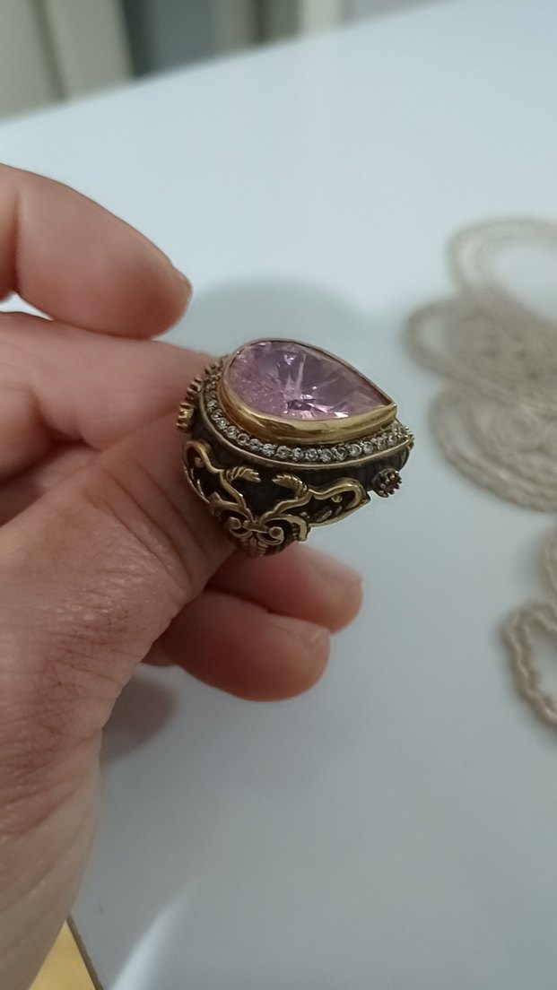 Pembe Taşlı GÜMÜŞ Vintage Kadın Yüzük - Görsel 2