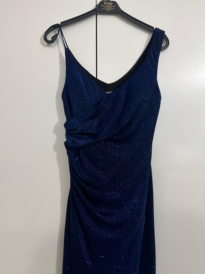 Lacivert Drapeli Uzun Abiye Elbise - Görsel 2