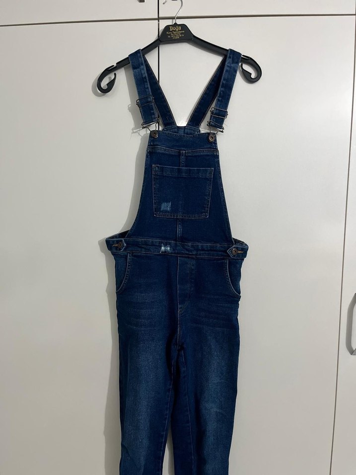 Kadın Koyu Lacivert Denim Kısa Askılı Tulum - Görsel 2