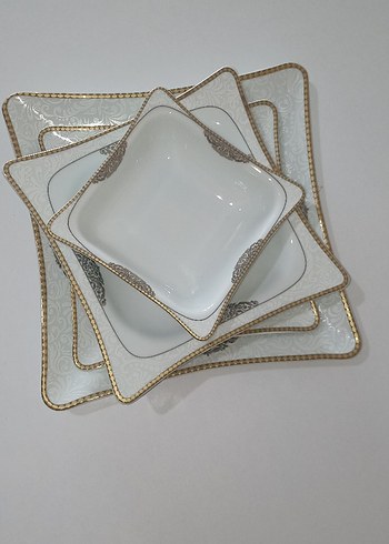 Parlak Beyaz Altın Detaylı Kare 24 lü yemek Seti - Görsel 2