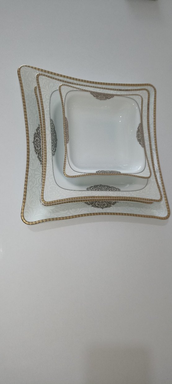 Parlak Beyaz Altın Detaylı Kare  24 lü yemek  Seti - Görsel 3