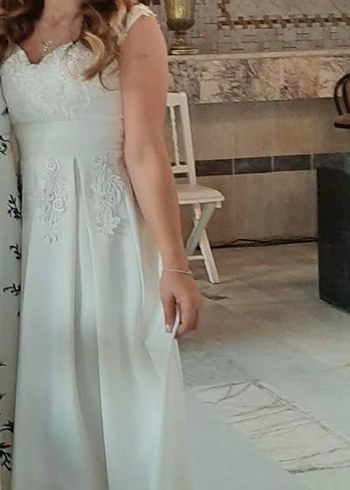 V Yaka Midi A Kesim Beyaz Gelinlik - Görsel 3