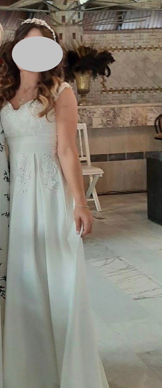 V Yaka Midi A Kesim Beyaz Gelinlik - Görsel 3