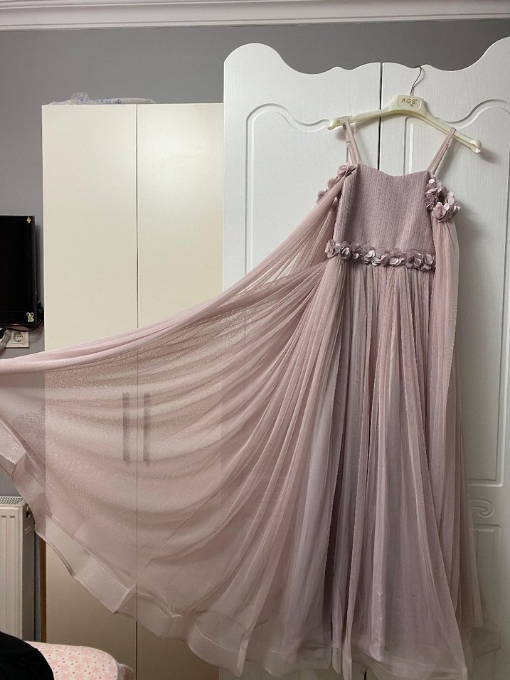 Kız Çocuk Pudra Pembe Nakışlı Elbise - Görsel 4