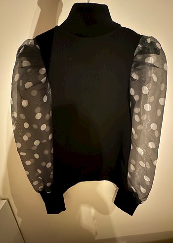 Puantiye Desenli Siyah Transparan Uzun Kollu Şık Bluz - Görsel 2