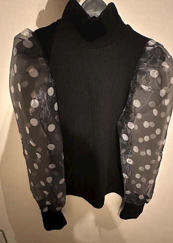 Puantiye Desenli Siyah Transparan Uzun Kollu Şık Bluz - Görsel 3