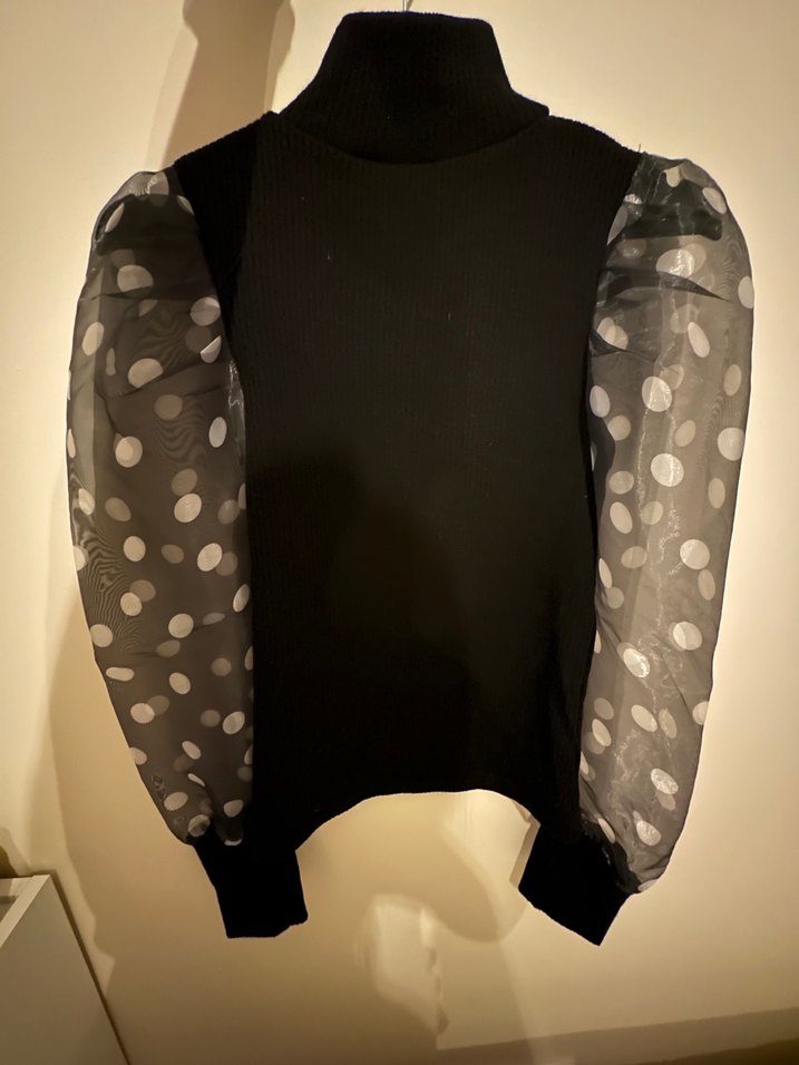 Puantiye Desenli Siyah Transparan Uzun Kollu Şık Bluz - Görsel 2