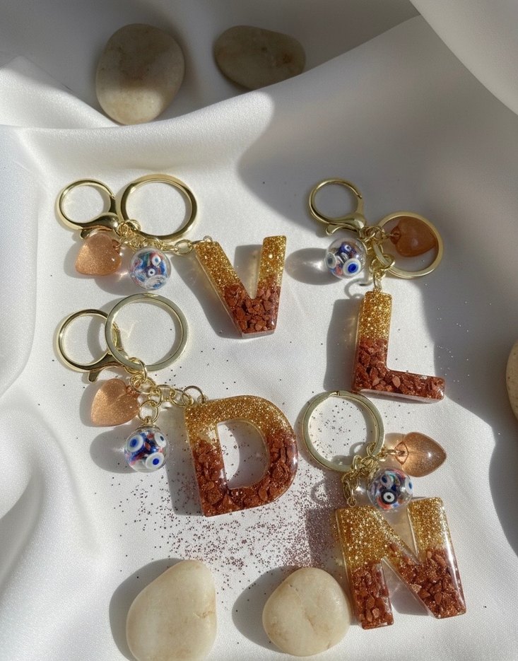 Boncuklu Altın Renk Bohem epoksi anahtarlık - Görsel 2