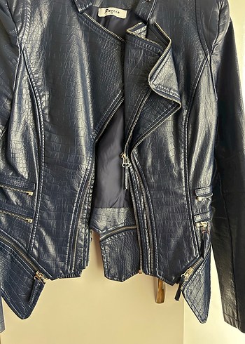 Kadın Lacivert Deri Biker Ceket - Görsel 2