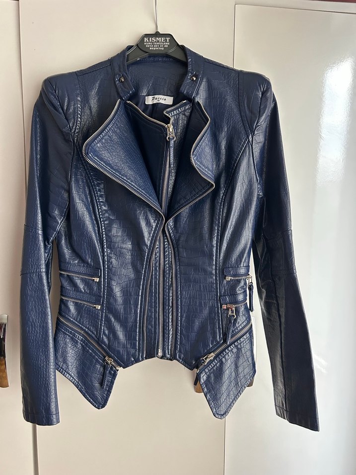 Kadın Lacivert Deri Biker Ceket - Görsel 3