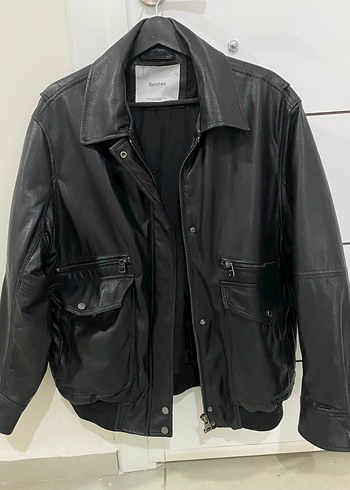 BERSHKA Oversize siyah deri ceket - Görsel 3