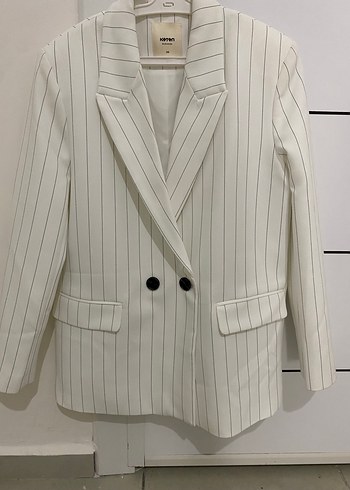 Kadın Beyaz Çizgili Uzun Oversize Blazer Ceket - Görsel 4