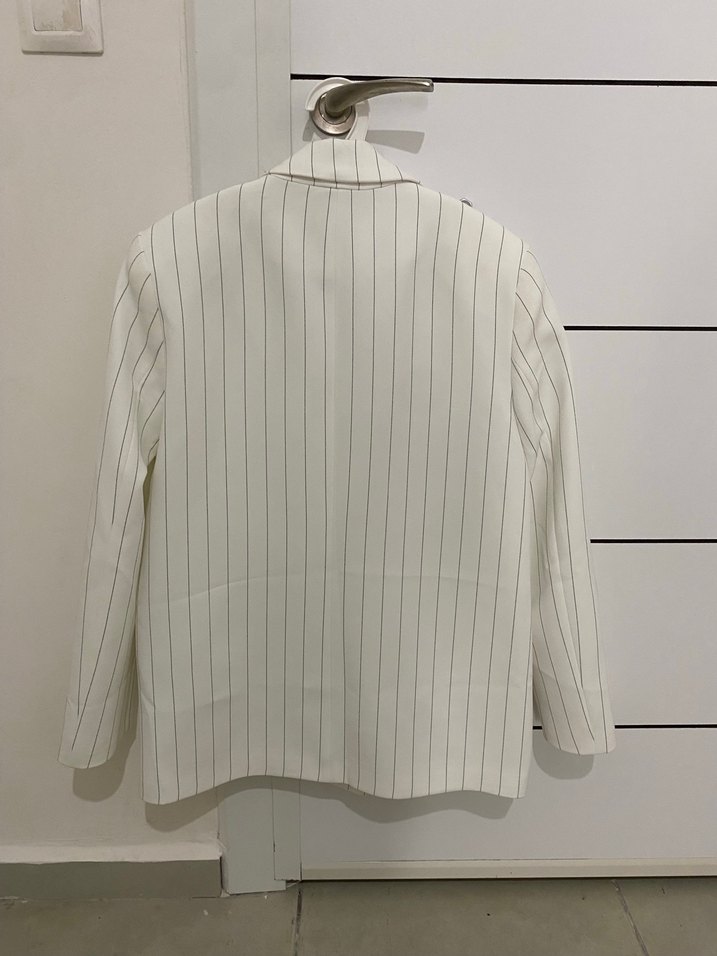Kadın Beyaz Çizgili Uzun Oversize Blazer Ceket - Görsel 5