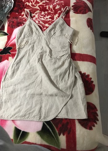 Gri Keten V Yakalı Drapeli Midi Elbise - Görsel 4