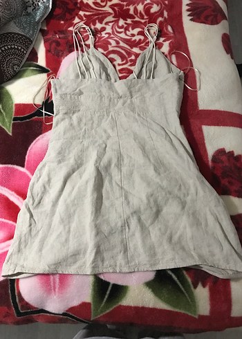 Gri Keten V Yakalı Drapeli Midi Elbise - Görsel 3