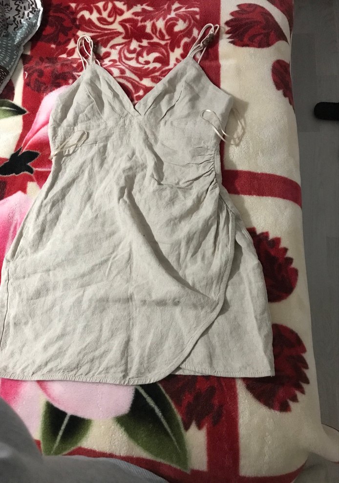 Gri Keten V Yakalı Drapeli Midi Elbise - Görsel 4