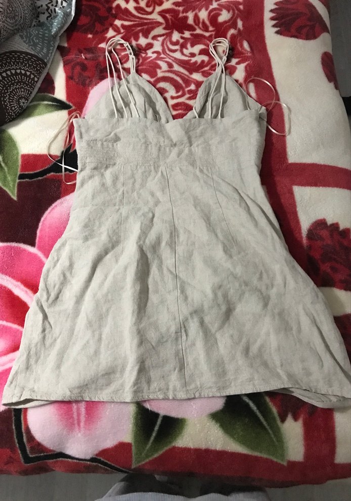 Gri Keten V Yakalı Drapeli Midi Elbise - Görsel 3