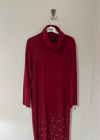 Bordo Uzun Kollu Yüksek Yakalı Triko Elbise - Görsel 2