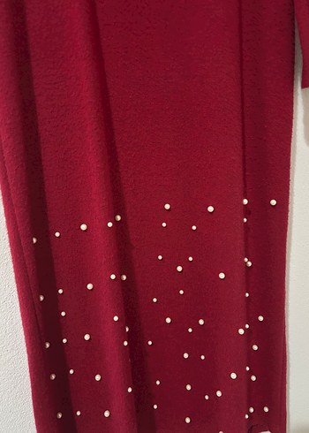 Bordo Uzun Kollu Yüksek Yakalı Triko Elbise - Görsel 4