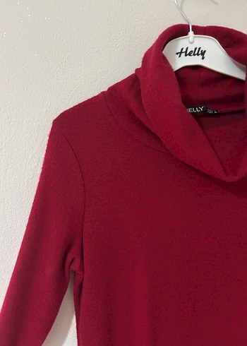 Bordo Uzun Kollu Yüksek Yakalı Triko Elbise - Görsel 3