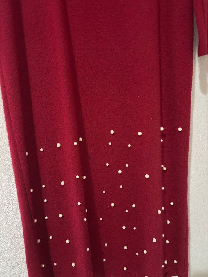 Bordo Uzun Kollu Yüksek Yakalı Triko Elbise - Görsel 4