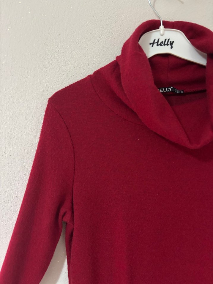 Bordo Uzun Kollu Yüksek Yakalı Triko Elbise - Görsel 3