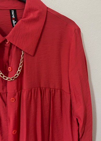 Zincir Detaylı Kırmızı Uzun Keten Gömlek - Görsel 5