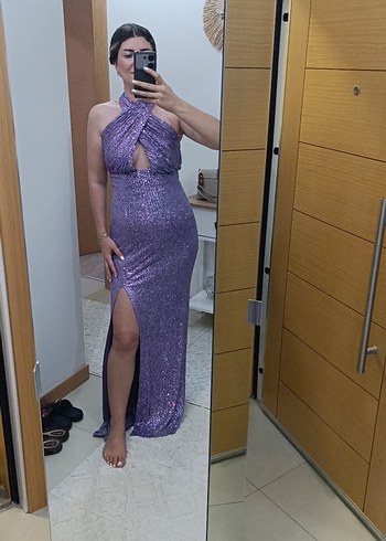 pul payetli paletli çapraz yaka Uzun Abiye Elbise - Görsel 2