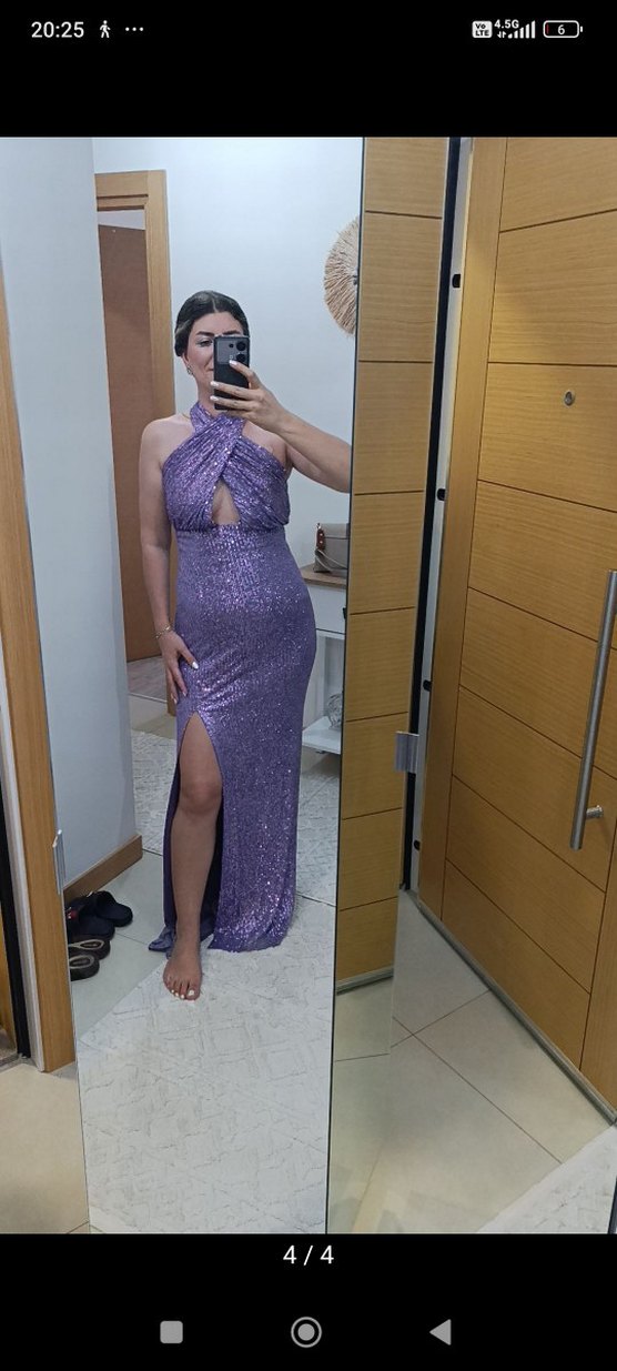 pul payetli paletli çapraz yaka Uzun Abiye Elbise - Görsel 2