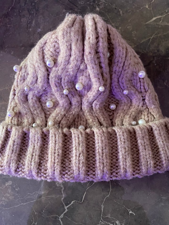 İnci Detaylı Bej Örgü Bere - Görsel 2