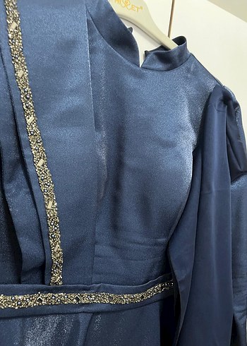 Petrol Mavisi Taş Detaylı 42 Beden Abiye  Eşarp TAM UYUMLU  - Görsel 3