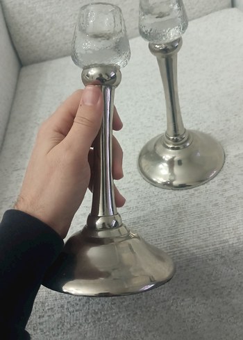 Gri Camlı GÜMÜŞ KAPLAMA Mumluk Çift - Görsel 3
