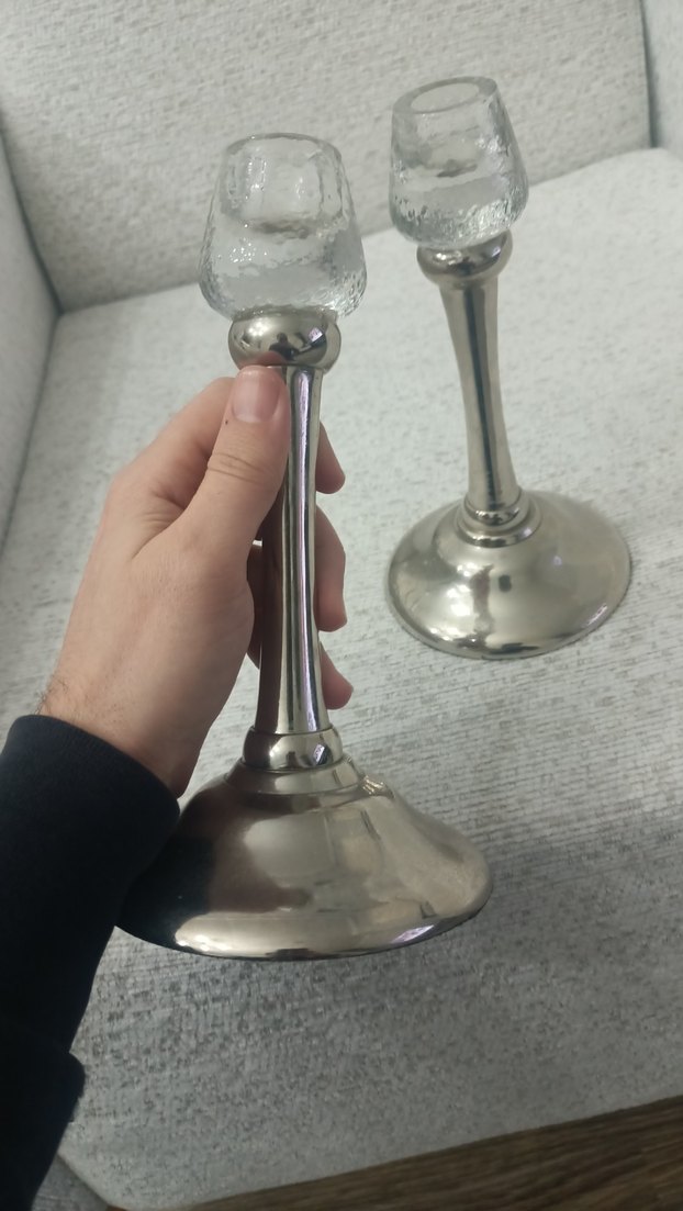 Gri Camlı GÜMÜŞ KAPLAMA Mumluk Çift - Görsel 3