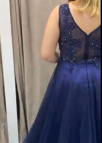 Boncuk İşlemeli Lacivert Uzun Abiye Elbise - Görsel 2