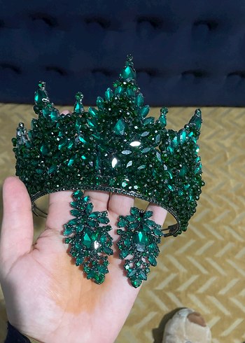 Yeşil Payetli Bohem Taç ve Küpe Seti - Görsel 3