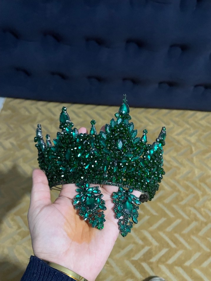 Yeşil Payetli Bohem Taç ve Küpe Seti - Görsel 2