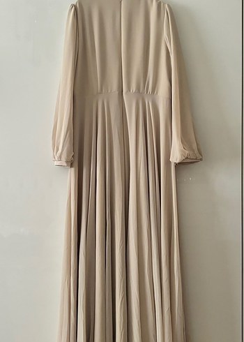 Bej Uzun Drapeli Kadın Abiye Elbise - Görsel 4