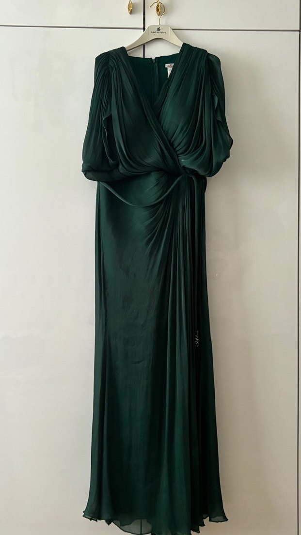 Yeşil şifon Uzun Abiye Elbise - Görsel 3