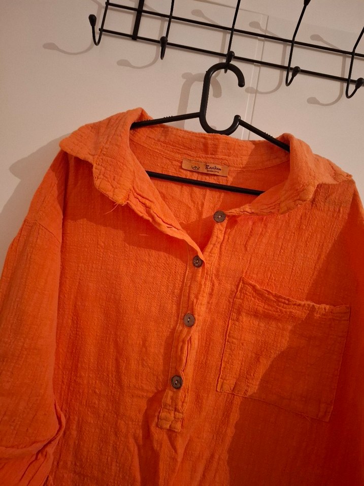 Turuncu Uzun Keten Gömlek Elbise - Görsel 4