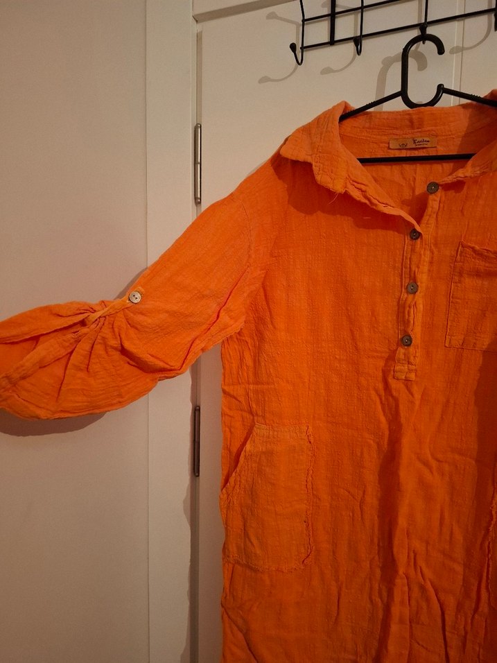 Turuncu Uzun Keten Gömlek Elbise - Görsel 2